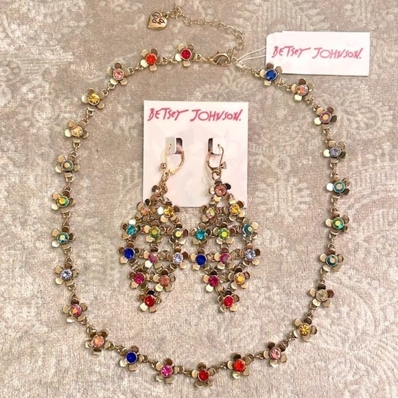 Brand New Betsey Johnson Colorful Flower Necklace & Drop Earring Set Gold Tone - Picture 11 of 11